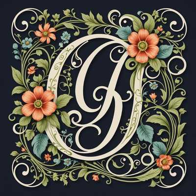 Das Bild zeigt ein kunstvoll gestaltetes Monogramm, das einen einzelnen Buchstaben zeigt, der kunstvoll mit floralen Elementen verwoben ist. Der Buchstabe ist elegant mit fließenden Kurven und kräftigen Linien gestaltet und fügt sich nahtlos in eine Reihe von detaillierten Blumen, Blättern und zarten Ranken ein. Die floralen Muster sind üppig und lebendig und verleihen dem Monogramm einen Hauch von Natur und Verspieltheit. Die Gesamtästhetik ist sowohl raffiniert als auch künstlerisch und vereint die klassische Form des Buchstabens mit den organischen und verzierten Qualitäten der botanischen Verzierungen.