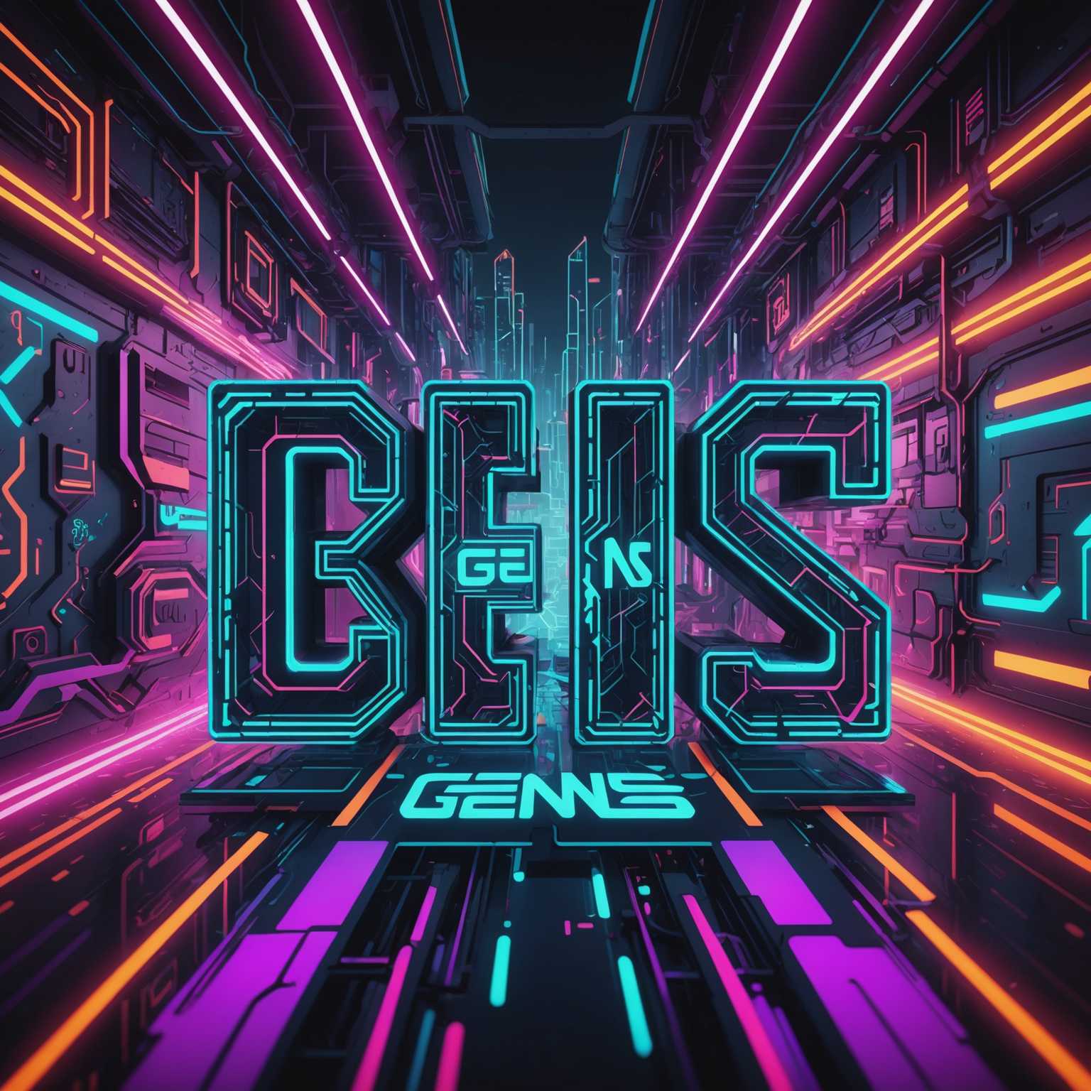 Das Bild zeigt das Wort 'Gens', das in einer futuristischen Cyber-Graffiti-Schriftart dargestellt ist. Die Buchstaben sind mit scharfen Kanten und lebendigen, neonfarbenen Tönen gestaltet, die ihnen einen leuchtenden Effekt verleihen. Der Hintergrund umfasst digitale Schaltkreismuster, holografische Texturen und abstrakte, hochtechnologische Designs. Das gesamte ästhetische Erscheinungsbild kombiniert Street Art mit fortschrittlicher Technologie und schafft ein visuell beeindruckendes und modernes Kunstwerk, das Elemente von Kunst, Cartoon und Cyberpunk vereint.
