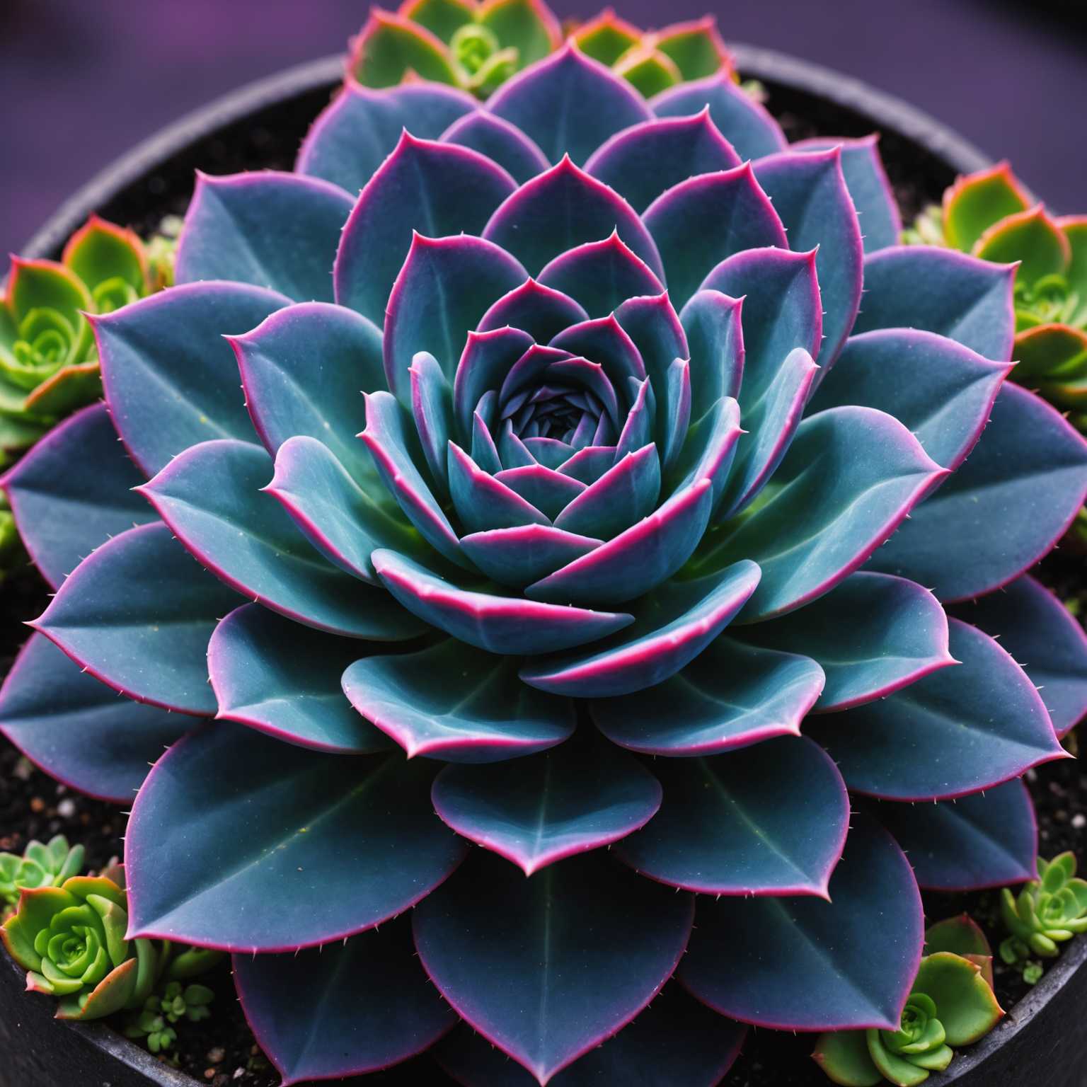 Das Bild zeigt eine Sukkulente mit einem deutlich futuristischen Aussehen. Die Pflanze hat geometrisch perfekte Formen, fast mechanisch in ihrer Symmetrie und Struktur. Sie zeigt lebendige, schillernde Farben, die von tiefem Blau und Violett bis hin zu leuchtendem Grün und Pink reichen, wobei einige Blätter einen metallischen Glanz aufweisen. Der Hintergrund ist ein Farbverlauf aus dunklem Violett und Schwarz, was das außerweltliche Gefühl verstärkt. Die Sukkulente ist in einem komplizierten, fast fraktalen Muster angeordnet, das sowohl die natürliche Schönheit als auch die fortgeschrittenen Designästhetiken hervorhebt. Die gesamte Szene fühlt sich wie eine Mischung aus organischer Natur und fortschrittlicher Technologie an und erweckt den Eindruck eines surrealen, High-Tech-Gartens der Zukunft.