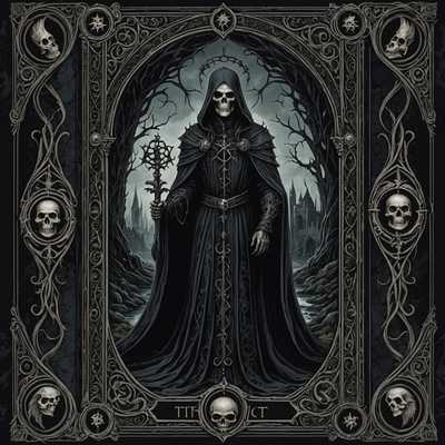 Die Abbildung zeigt eine einzelne Gothic Tarot Karte, die detailliert mit einem dunklen, von Fantasy inspirierten Design illustriert ist. Die Karte enthält eine kunstvolle Gestaltung, die eine gothische Ästhetik widerspiegelt, darunter unheimliche Landschaften, mythische Kreaturen und rätselhafte Symbole. Die gesamte Präsentation strahlt ein Gefühl von Geheimnis und künstlerischer Raffinesse aus, wobei dunkle Farbtöne und reichhaltige, aufwendige Details in der gesamten Darstellung vorherrschen.