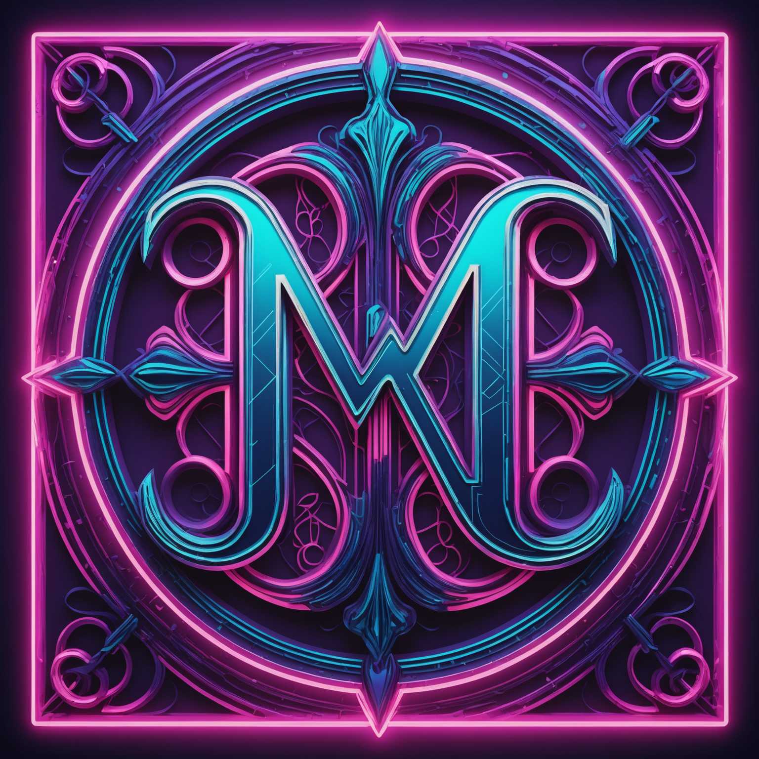 Das Bild zeigt ein Monogramm mit den Buchstaben 'NM', die ineinander verschlungen sind, vor einem lebendigen Neon-Hintergrund. Die Buchstaben sind in einer fetten, futuristischen Schriftart mit leuchtenden Kanten und metallischem Glanz dargestellt. Der Hintergrund besteht aus einer Mischung aus dynamischen, leuchtenden Texturen mit wirbelnden Mustern und Farbverläufen, die von elektrischen Blau- über lebendige Pink- bis hin zu hellen Lilatönen reichen. Die Gesamtkomposition strahlt eine energiegeladene, moderne Ästhetik aus, die an digitale Kunst und zeitgenössisches Grafikdesign erinnert.