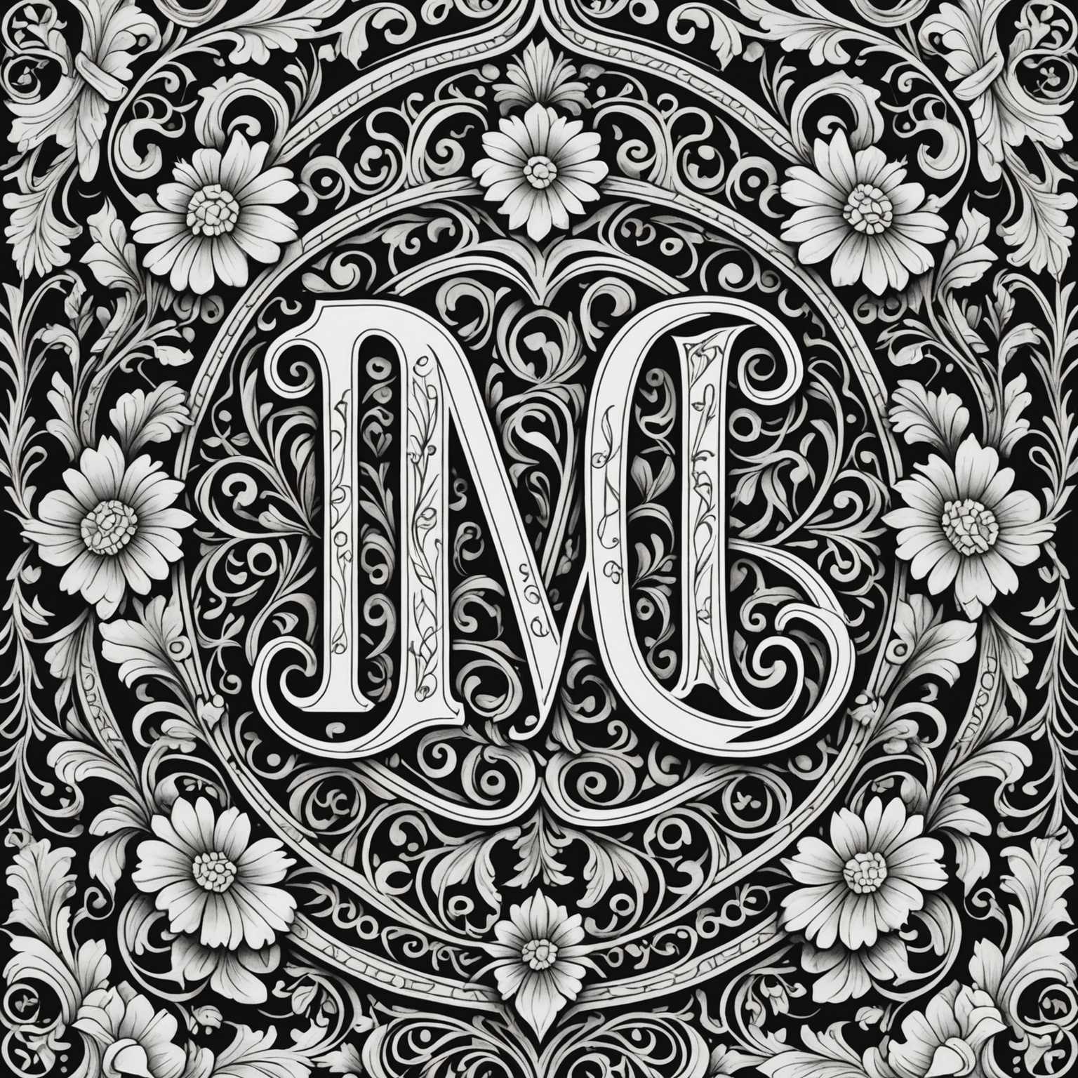 Diese Illustration im Monogramm-Stil ist Teil eines Buchdeckels für "Positive Affirmations Coloring Books". Das Monogramm ist kunstvoll gezeichnet und zeigt florale Muster sowie dekorative Elemente um die Buchstaben herum. Der Gesamteindruck ist reich verziert und elegant, mit detaillierten Linien und künstlerischen Verzierungen. Der Hintergrund ist schlicht, um das detaillierte Kunstwerk hervorzuheben, das zum Ausmalen geeignet ist.