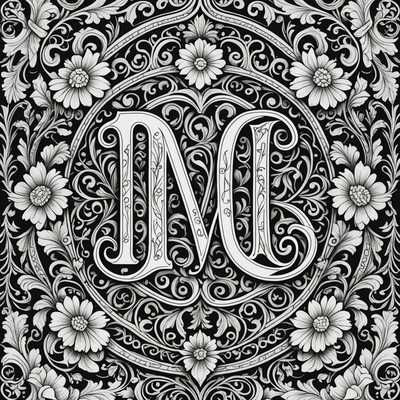 Diese Illustration im Monogramm-Stil ist Teil eines Buchdeckels für "Positive Affirmations Coloring Books". Das Monogramm ist kunstvoll gezeichnet und zeigt florale Muster sowie dekorative Elemente um die Buchstaben herum. Der Gesamteindruck ist reich verziert und elegant, mit detaillierten Linien und künstlerischen Verzierungen. Der Hintergrund ist schlicht, um das detaillierte Kunstwerk hervorzuheben, das zum Ausmalen geeignet ist.