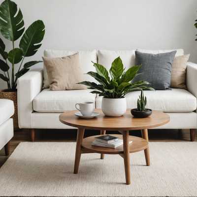 Ein kleiner, runder Holzcouchtisch mit einigen dekorativen Gegenständen und einer Topfpflanze, der vor einem minimalistischen weißen Sofa steht.