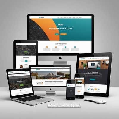 Eine Sammlung von Website-Design-Mockups auf verschiedenen Geräten wie Desktop-Computern, Tablets und Smartphones. Die Webdesigns zeichnen sich durch eine saubere, moderne Ästhetik mit fokussierten Benutzeroberflächenelementen wie Kopfzeilen, Navigationsmenüs, Inhaltsbereichen, Bildern und Call-to-Action-Schaltflächen aus. Die Mockups betonen das Responsive Design und zeigen, wie sich die Website an verschiedene Bildschirmgrößen und -orientierungen anpasst. Einige werden in isometrischen Ansichten gezeigt, andere in einer flachen, geraden Perspektive. Der Hintergrund ist minimal, um die Designs zu betonen.