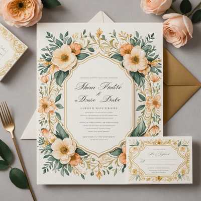 Elegante Hochzeitseinladung mit floraler Verzierung & Goldumschlag