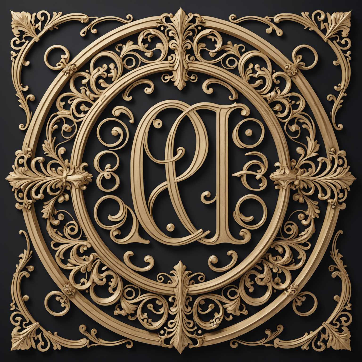 Das Bild zeigt ein kunstvoll gestaltetes Monogramm mit ineinander verschlungenen, verzierten Buchstaben, die mit komplizierten Details versehen sind. Die Buchstaben sind von eleganten Zierlinien und dekorativen Elementen umgeben, was dem Design eine vintage, aber dennoch raffinierte Ästhetik verleiht. Das Gesamtdesign strahlt Eleganz und künstlerisches Handwerk aus, mit besonderem Augenmerk auf Symmetrie und Balance.