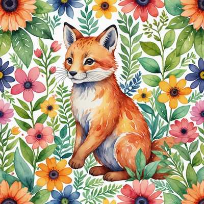 Das Bild zeigt ein niedliches und verspieltes Aquarell eines Tieres, das mit lebhaften, bunten Blumen und Laub interagiert. Das Design ist verspielt und zart und verbindet die natürliche Schönheit der Flora mit dem liebenswerten Charme der Fauna.