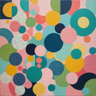 Eine lebendige Collage aus verschiedenen Pastelltönen, die abstrakte und retro Formen miteinander verwebt. Das Gemälde hat eine texturierte Anmutung, die an analoge Kunst erinnert, mit einer faszinierenden Mischung aus geometrischen Mustern und organischen Formen. Die Farben erstrecken sich über ein breites Spektrum, darunter weiche Rosa-, Blau-, Gelb- und Grüntöne, die nahtlos ineinander übergehen und einen harmonischen, aber dynamischen visuellen Effekt erzeugen. Jeder Abschnitt der Collage wirkt sorgfältig gestaltet und bleibt dem Retro-Stil treu, während er gleichzeitig durch seine einzigartige kompositorische Herangehensweise einen modernen Twist zeigt.