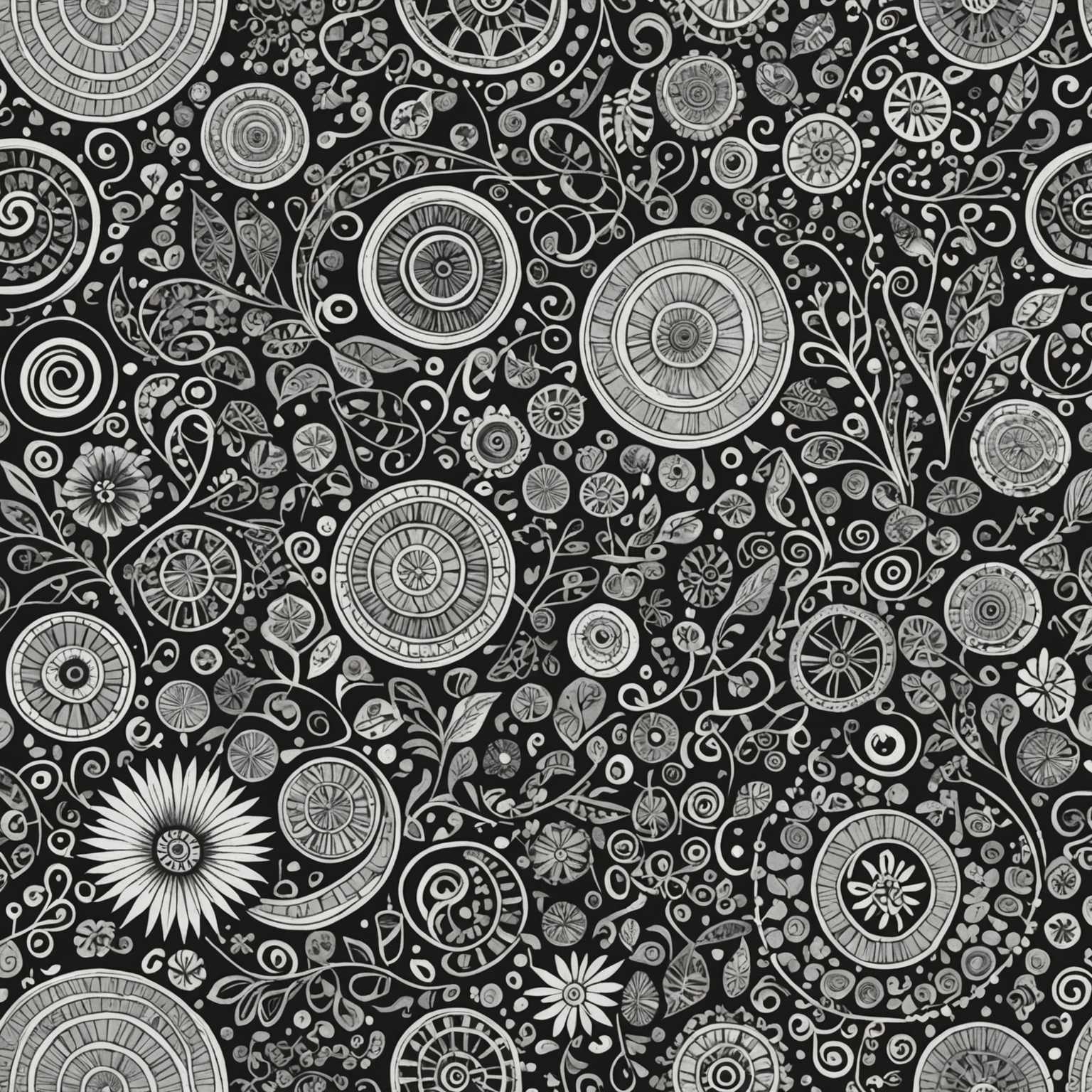 Das Bild zeigt eine Vielzahl von komplexen Kritzelmustern, die jeweils mit einzigartigen Formen und Linien versehen sind. Es gibt sich wiederholende Elemente wie wirbelnde Spiralen, Zickzack-Linien, einfache geometrische Formen wie Dreiecke, Quadrate und Kreise sowie komplexere Motive wie ineinandergreifende Kurven, verspielte Blumen, Blattmotive und abstrakte Figuren. Einige Bereiche sind dicht gepackt mit feinen Linien und detaillierten Designs, während andere Abschnitte sparsamer dekoriert sind, was eine ausgewogene visuelle Textur schafft. Die Kritzeleien sind überwiegend monochromatisch und zeigen verschiedene Grautöne, Schwarz und Weiß, wodurch der Kontrast zwischen den verschiedenen Musterkomponenten hervorgehoben wird.