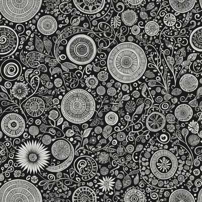 Das Bild zeigt eine Vielzahl von komplexen Kritzelmustern, die jeweils mit einzigartigen Formen und Linien versehen sind. Es gibt sich wiederholende Elemente wie wirbelnde Spiralen, Zickzack-Linien, einfache geometrische Formen wie Dreiecke, Quadrate und Kreise sowie komplexere Motive wie ineinandergreifende Kurven, verspielte Blumen, Blattmotive und abstrakte Figuren. Einige Bereiche sind dicht gepackt mit feinen Linien und detaillierten Designs, während andere Abschnitte sparsamer dekoriert sind, was eine ausgewogene visuelle Textur schafft. Die Kritzeleien sind überwiegend monochromatisch und zeigen verschiedene Grautöne, Schwarz und Weiß, wodurch der Kontrast zwischen den verschiedenen Musterkomponenten hervorgehoben wird.