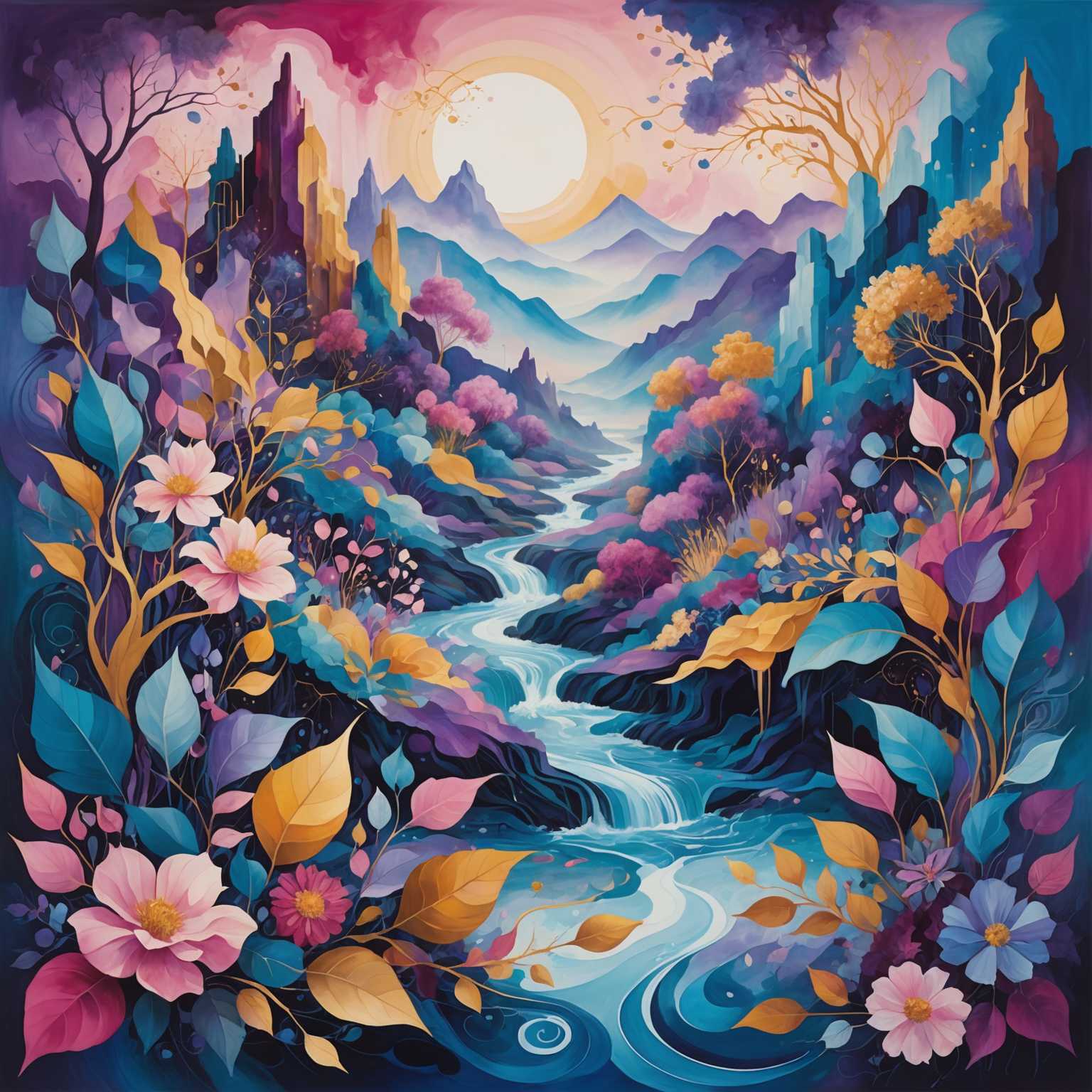 In dem Gemälde gibt es eine surreale Landschaft, die verschiedene Elemente auf abstrakte und traumhafte Weise verschmelzt. Die Szene zeichnet sich durch eine lebendige Farbpalette in Blau-, Violett-, Rosa- und Goldtönen aus. Es gibt fragmentierte geometrische Formen und wirbelnde Muster, die mit organischen Formen wie Blättern, Blumen und fließenden Bächen verwoben sind. Ätherische Figuren und Gesichter tauchen im Hintergrund auf, einige teilweise von Nebel verhüllt. Die gesamte Komposition wirkt flüssig und dynamisch, mit verschiedenen Texturen und Schichten, die ein Gefühl von Tiefe und Bewegung vermitteln. Licht- und Schattenflecken schaffen eine verspielte und andereweltliche Atmosphäre.