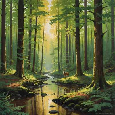 Eine friedliche Landschaft mit einem Wald aus hoch aufragenden Bäumen, schimmernden Blättern in verschiedenen Grüntönen und reichbraunen Baumstämmen. Sonnenlicht filtert durch das dichte Blätterdach und wirft Licht- und Schattenmuster auf den Waldboden. In der Ferne funkelt ein gewundener Fluss, der die goldenen Töne der untergehenden Sonne widerspiegelt. Verschiedene Waldbewohner wie Rehe, Kaninchen und Vögel bewegen sich anmutig durch das Unterholz und verleihen der Szene Leben und Bewegung. Der Malstil ist weich texturiert und verleiht dem Gesamtbild eine sanfte, traumhafte Qualität.