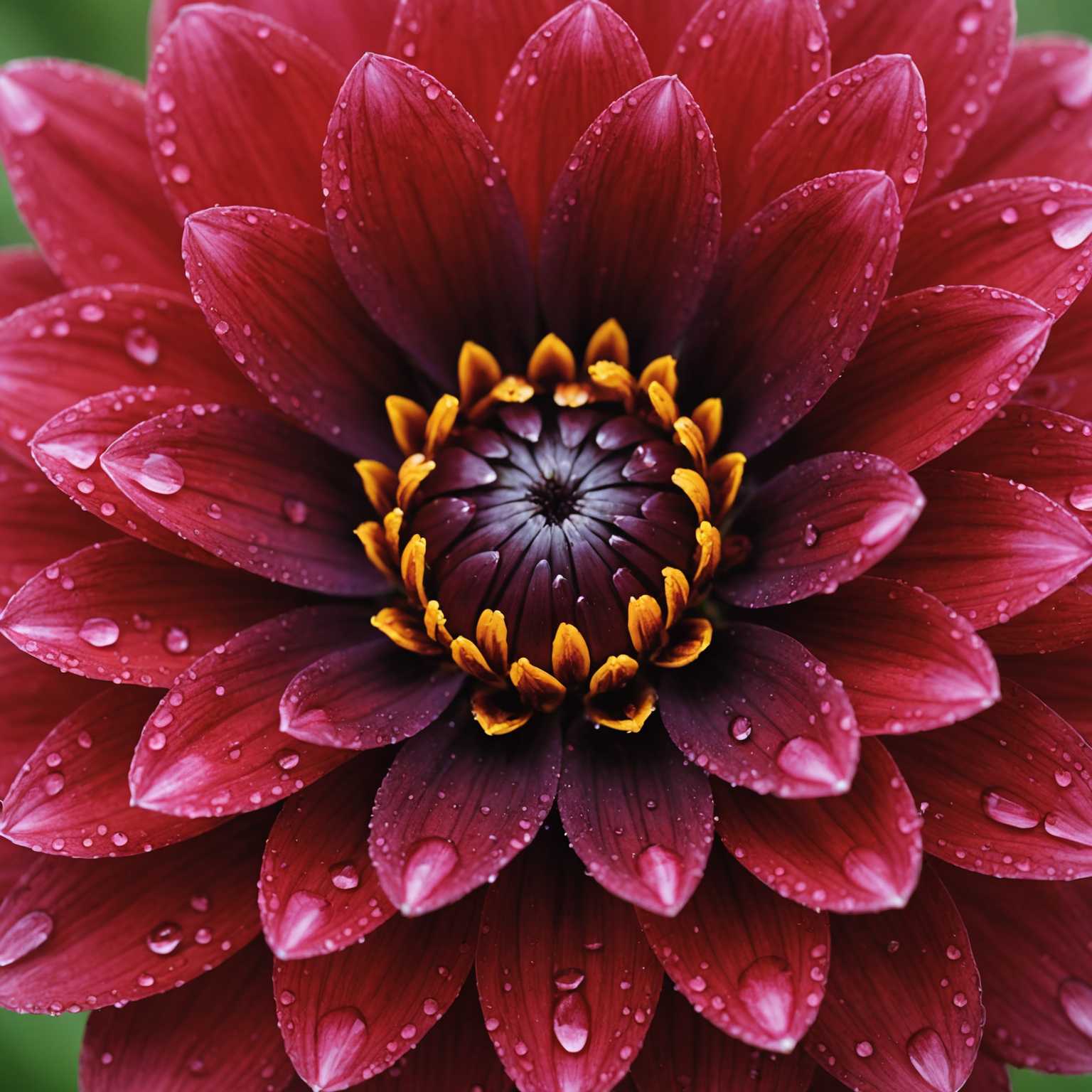 Auf dem Bild ist eine Nahaufnahme einer lebendigen, blühenden Blume zu sehen. Die Blütenblätter sind zart und leicht durchscheinend und zeigen ein Farbspektrum von dunklem Rot bis zu sanften Rosa. Tautropfen sind über die Blütenblätter verstreut, reflektieren das Licht und verleihen der Szene ein frisches, morgendliches Gefühl. Die Mitte der Blume hat einen reichen, goldenen Farbton mit komplexen Details und Texturen. Der Hintergrund ist unscharf in Grüntönen, was auf Blätter und andere Pflanzen hinweist, und erzeugt einen Bokeh-Effekt, der die Blume als Mittelpunkt hervorhebt. Das Licht ist natürlich und weich, verstärkt die Farben und Texturen der Blütenblätter und lässt sie fast samtartig erscheinen.