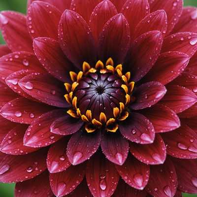 Auf dem Bild ist eine Nahaufnahme einer lebendigen, blühenden Blume zu sehen. Die Blütenblätter sind zart und leicht durchscheinend und zeigen ein Farbspektrum von dunklem Rot bis zu sanften Rosa. Tautropfen sind über die Blütenblätter verstreut, reflektieren das Licht und verleihen der Szene ein frisches, morgendliches Gefühl. Die Mitte der Blume hat einen reichen, goldenen Farbton mit komplexen Details und Texturen. Der Hintergrund ist unscharf in Grüntönen, was auf Blätter und andere Pflanzen hinweist, und erzeugt einen Bokeh-Effekt, der die Blume als Mittelpunkt hervorhebt. Das Licht ist natürlich und weich, verstärkt die Farben und Texturen der Blütenblätter und lässt sie fast samtartig erscheinen.