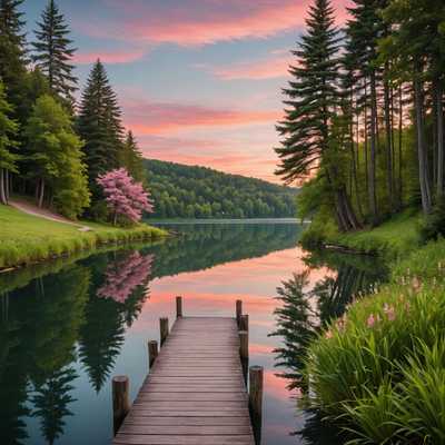 Das Bild zeigt eine zeitlose Naturszene mit einem ruhigen See, umgeben von üppig grünen Bäumen und sanften Hügeln im Hintergrund. Der Himmel darüber ist in sanften Tönen von Rosa und Orange gehalten, was entweder auf den Morgen oder den Abend hindeutet. Im Vordergrund führt ein schmaler, gewundener Pfad zu einem kleinen, rustikalen Holzsteg, der in die ruhigen Gewässer des Sees hineinragt. Auf der Oberfläche des Sees spiegeln sich die umliegenden Bäume und der Himmel, wodurch ein spiegelähnlicher Effekt entsteht. Die Farben sind lebendig und harmonisch, und die gesamte Komposition vermittelt ein Gefühl von Frieden und Ruhe.