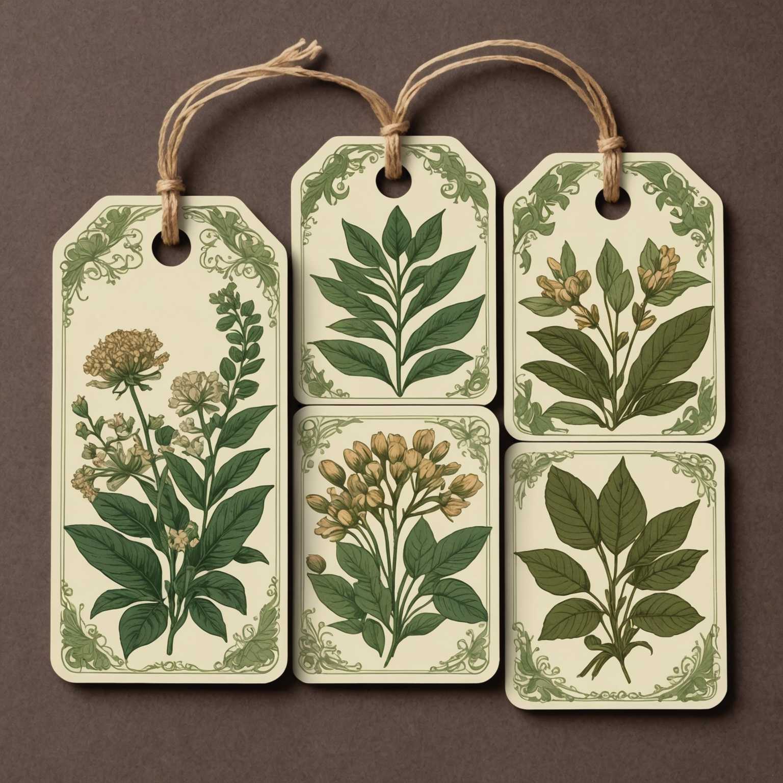 Die Abbildung zeigt ein kunstvoll gestaltetes, im Vintage-Stil gehaltenes, druckbares Etikett mit detaillierten botanischen Illustrationen von Blumen, Blättern und Pflanzen. Die Farbpalette ist gedämpft und erdig mit Schattierungen von Grün, Braun und Beige, was ihm ein Retro- und nostalgisches Gefühl verleiht. Das Etikett ist mit zarten Mustern und verzierten Rändern geschmückt, was einen altmodischen Charme und Eleganz hervorruft. Die Gesamtaesthetik erinnert an antike botanische Magazine und Vintage-Papeterie.