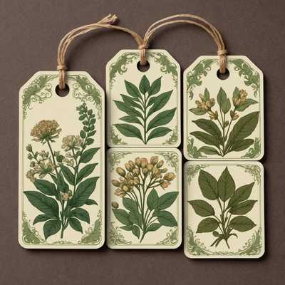 Die Abbildung zeigt ein kunstvoll gestaltetes, im Vintage-Stil gehaltenes, druckbares Etikett mit detaillierten botanischen Illustrationen von Blumen, Blättern und Pflanzen. Die Farbpalette ist gedämpft und erdig mit Schattierungen von Grün, Braun und Beige, was ihm ein Retro- und nostalgisches Gefühl verleiht. Das Etikett ist mit zarten Mustern und verzierten Rändern geschmückt, was einen altmodischen Charme und Eleganz hervorruft. Die Gesamtaesthetik erinnert an antike botanische Magazine und Vintage-Papeterie.