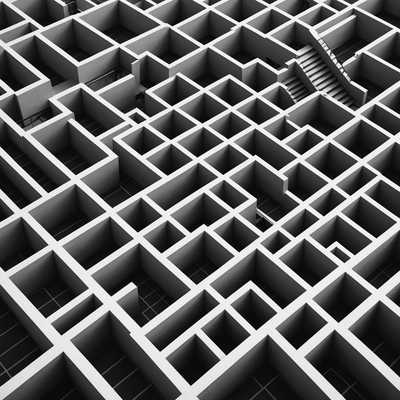 3D-Labyrinth: Geometrisches Schwarz-Weiß-Mazedesign
