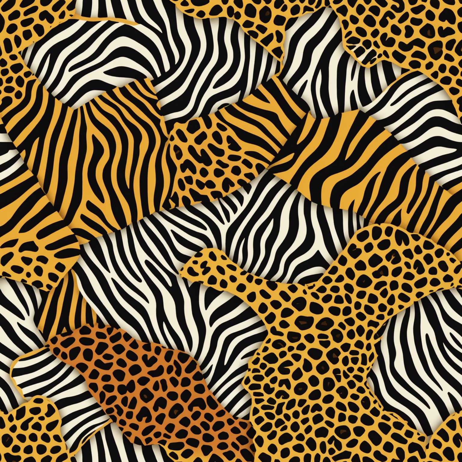 Das Bild zeigt ein nahtloses Muster, das aus verschiedenen Safari-Tierhäuten besteht. Das Design umfasst die charakteristischen Markierungen und Texturen von Tieren wie Zebras, Leoparden, Giraffen und Tigern. Das Zebramuster zeichnet sich durch schwarze und weiße Streifen aus, das Leopardenmuster hat unregelmäßige schwarze Flecken auf einem goldenen Hintergrund, das Giraffenmuster besteht aus großen, unregelmäßigen Flecken auf einem sandgelben Hintergrund, und das Tigermuster weist kräftige, schwarze Streifen auf einem orangefarbenen Hintergrund auf. Die Elemente sind kunstvoll miteinander verwoben und schaffen ein kontinuierliches, sich wiederholendes Design, das die verschiedenen Tierhäute zu einem kohärenten und optisch dynamischen Muster verbindet.