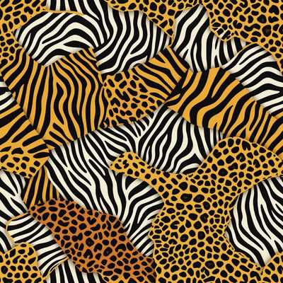 Das Bild zeigt ein nahtloses Muster, das aus verschiedenen Safari-Tierhäuten besteht. Das Design umfasst die charakteristischen Markierungen und Texturen von Tieren wie Zebras, Leoparden, Giraffen und Tigern. Das Zebramuster zeichnet sich durch schwarze und weiße Streifen aus, das Leopardenmuster hat unregelmäßige schwarze Flecken auf einem goldenen Hintergrund, das Giraffenmuster besteht aus großen, unregelmäßigen Flecken auf einem sandgelben Hintergrund, und das Tigermuster weist kräftige, schwarze Streifen auf einem orangefarbenen Hintergrund auf. Die Elemente sind kunstvoll miteinander verwoben und schaffen ein kontinuierliches, sich wiederholendes Design, das die verschiedenen Tierhäute zu einem kohärenten und optisch dynamischen Muster verbindet.