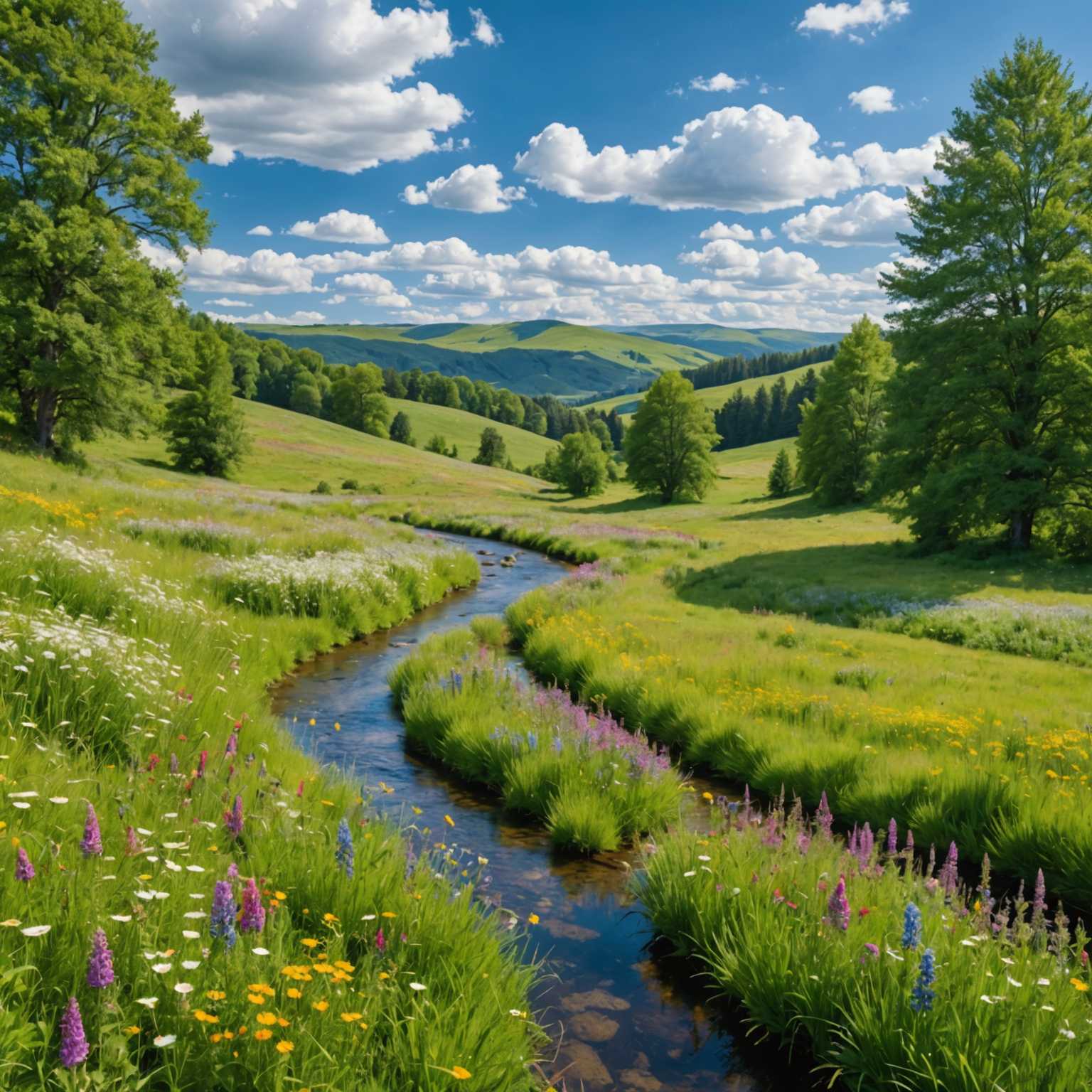 Eine malerische Sommerlandschaft, die eine üppige Wiese voller lebhafter Wildblumen zeigt. Der Himmel ist klar und leuchtend blau mit einigen verstreuten, flauschigen weißen Wolken. Ein sanft windender Bach durchzieht die Wiese, reflektiert das Sonnenlicht und verleiht der Szene ein Gefühl der Ruhe. Bäume mit dichtem, grünem Laub rahmen die Wiese natürlich ein. In der Ferne sind sanfte Hügel zu sehen, die der sommerlichen Aussicht Tiefe und Dimension verleihen. Die Atmosphäre ist insgesamt friedlich, warm und einladend und verkörpert die Essenz eines perfekten Sommertages.