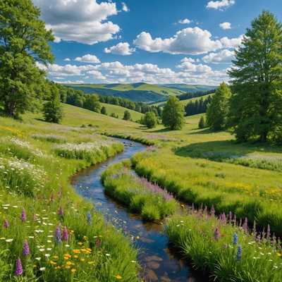 Eine malerische Sommerlandschaft, die eine üppige Wiese voller lebhafter Wildblumen zeigt. Der Himmel ist klar und leuchtend blau mit einigen verstreuten, flauschigen weißen Wolken. Ein sanft windender Bach durchzieht die Wiese, reflektiert das Sonnenlicht und verleiht der Szene ein Gefühl der Ruhe. Bäume mit dichtem, grünem Laub rahmen die Wiese natürlich ein. In der Ferne sind sanfte Hügel zu sehen, die der sommerlichen Aussicht Tiefe und Dimension verleihen. Die Atmosphäre ist insgesamt friedlich, warm und einladend und verkörpert die Essenz eines perfekten Sommertages.