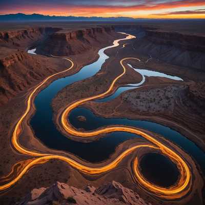 In diesem Gemälde mit dem Titel "Surreal Whimsical Dreamscapes" schlängelt sich ein windender Fluss aus flüssigem Licht durch die Landschaft und reflektiert die Vielzahl der umgebenden Farben.