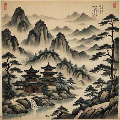 Ein klassisches chinesisches Gemälde, das eine ruhige Berglandschaft darstellt. Es zeigt hohe Gipfel mit nebligen Tälern, die in zarter Tuschmalerei ausgeführt sind. Kiefern und eine kleine Pagode erzeugen ein Gefühl von Ruhe und Harmonie mit der Natur.