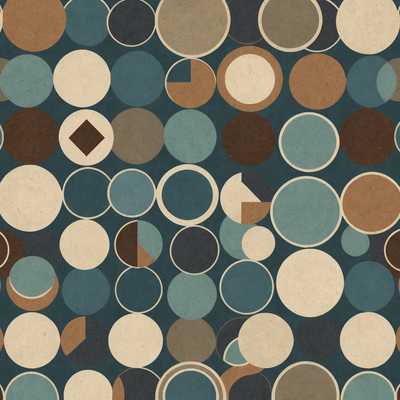 Das Bild zeigt ein gemustertes Kunstwerk, das an Retro-Kinodesigns erinnert. Der Hintergrund hat einen Texturpapier-Effekt, der ihm ein Vintage-Aussehen verleiht. Das Muster besteht aus sich wiederholenden geometrischen Formen wie Kreisen, Dreiecken und Quadraten, die harmonisch angeordnet sind. Die Farbpalette umfasst gedämpfte Töne, einschließlich Brauntöne, Beige und verblichenes Blau. Der Stil insgesamt ist illustrativ, wobei jede Form umrandet und mit subtilen Schattierungen versehen ist, um die Retro-Ästhetik zu betonen.