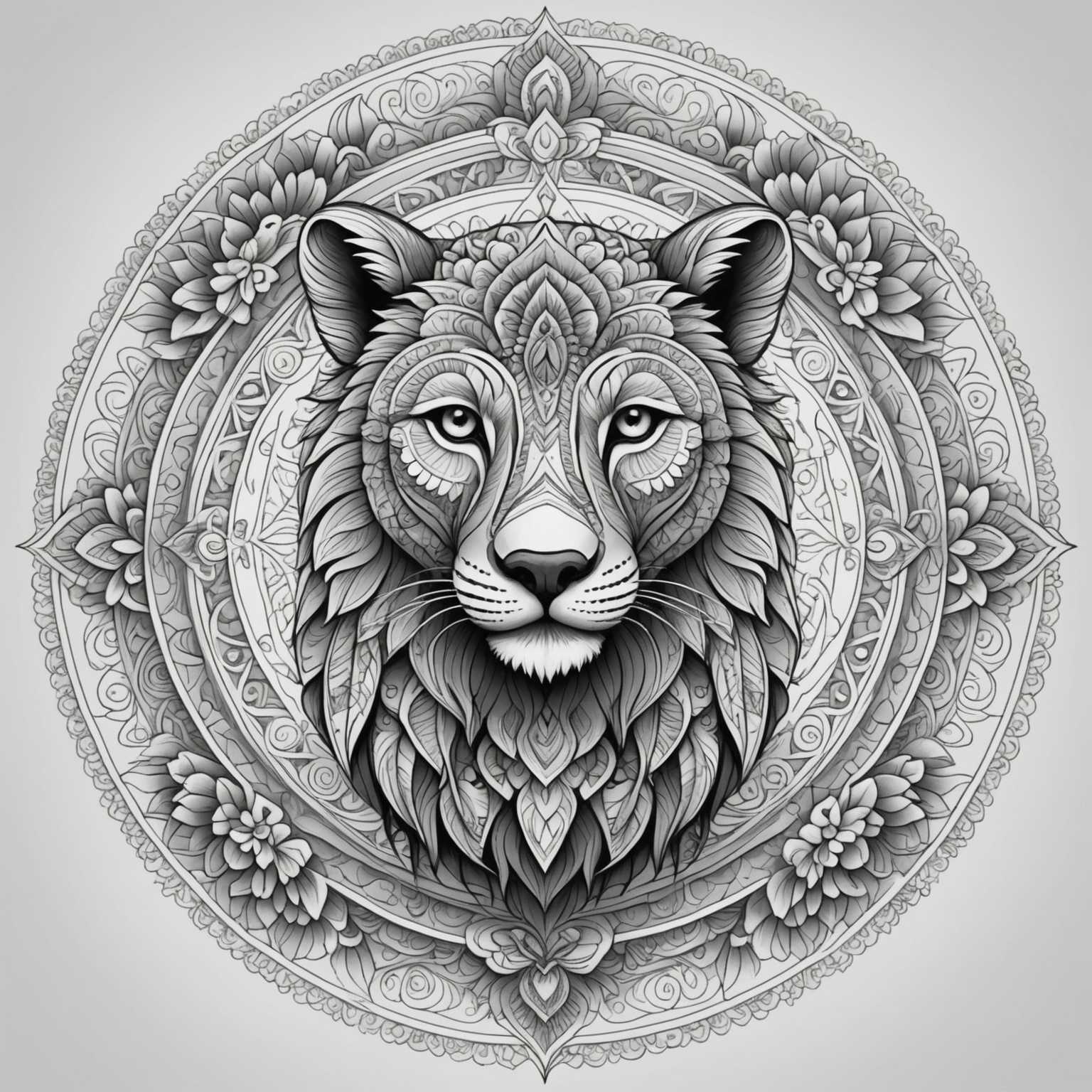 Das Bild zeigt ein einzelnes Tier, das mit Mandala-Mustern gestaltet ist. Das Tier ist mit detaillierten geometrischen Formen, Wirbeln und floralen Elementen dargestellt, die das Mandala-Design ausmachen. Der Hintergrund ist weiß, wodurch die Muster und das Tier hervorstechen. Das Gesamtbild ist hochdetailliert und visuell komplex, mit einem monochromen Farbschema, das die Linienarbeit und Muster innerhalb der Tierillustration betont.