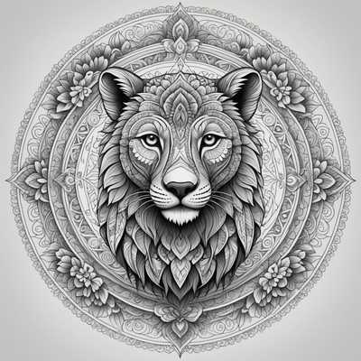Das Bild zeigt ein einzelnes Tier, das mit Mandala-Mustern gestaltet ist. Das Tier ist mit detaillierten geometrischen Formen, Wirbeln und floralen Elementen dargestellt, die das Mandala-Design ausmachen. Der Hintergrund ist weiß, wodurch die Muster und das Tier hervorstechen. Das Gesamtbild ist hochdetailliert und visuell komplex, mit einem monochromen Farbschema, das die Linienarbeit und Muster innerhalb der Tierillustration betont.