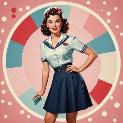 Das Bild zeigt ein Vintage-Pin-up-Girl im klassischen Stil der 1950er Jahre. Die Frau trägt ein Retro-Outfit, bestehend aus einem Matrosenanzug und hohen Absätzen. Sie hat eine glamouröse Frisur mit Locken und Wellen und trägt knallroten Lippenstift. Der Hintergrund weist eine Pastellfarbpalette mit subtilen Mustern auf, was das nostalgische Gefühl verstärkt. Sie posiert in einer spielerischen und koketten Haltung, mit einer Hand auf der Hüfte und einem leichten Lächeln im Gesicht. Sie hält ein Musikinstrument, was die verspielte und fröhliche Atmosphäre der Szene unterstreicht.