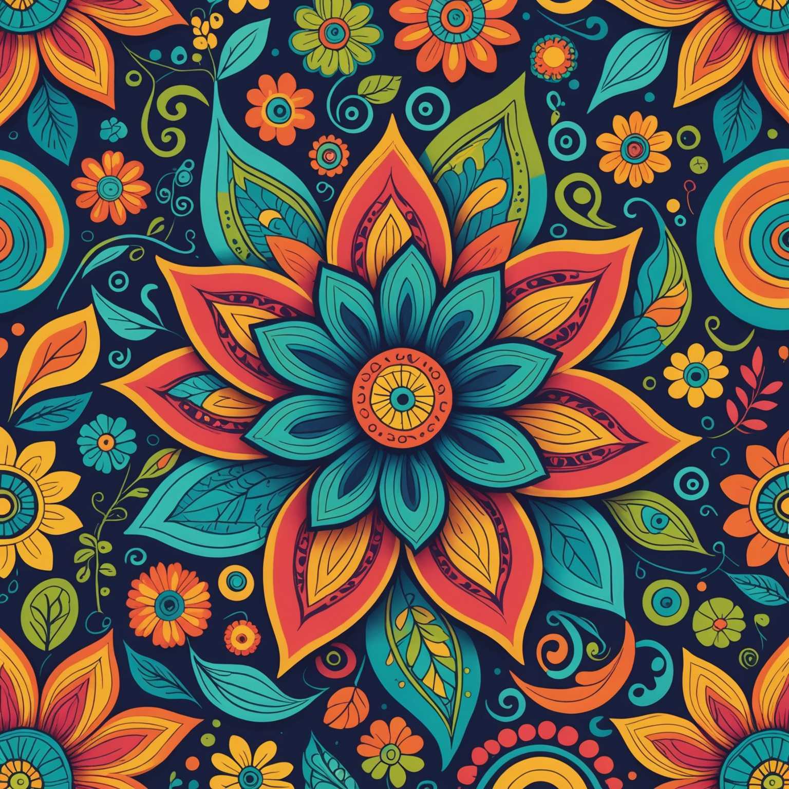 Das Bild zeigt ein verspieltes und farbenfrohes Muster, das aus verschiedenen stilisierten Blumen besteht. Die Blumen sind in einem spielerischen, illustrativen Stil gezeichnet und weisen lebendige Farben und detaillierte Verzierungen auf. Der Hintergrund besteht aus mehreren wirbelnden Formen und Mustern, die dem Kunstwerk ein Gefühl von Tiefe und Bewegung verleihen. Die gesamte Komposition ist lebhaft und fröhlich, mit einer Mischung von verschiedenen Blumentypen, Größen und Ausrichtungen, die ein harmonisches und visuell ansprechendes Design schaffen.