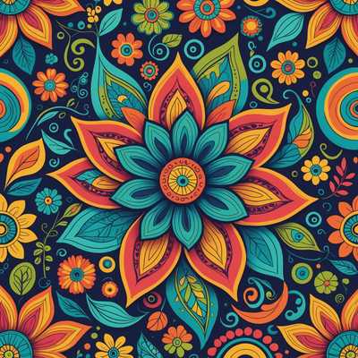 Das Bild zeigt ein verspieltes und farbenfrohes Muster, das aus verschiedenen stilisierten Blumen besteht. Die Blumen sind in einem spielerischen, illustrativen Stil gezeichnet und weisen lebendige Farben und detaillierte Verzierungen auf. Der Hintergrund besteht aus mehreren wirbelnden Formen und Mustern, die dem Kunstwerk ein Gefühl von Tiefe und Bewegung verleihen. Die gesamte Komposition ist lebhaft und fröhlich, mit einer Mischung von verschiedenen Blumentypen, Größen und Ausrichtungen, die ein harmonisches und visuell ansprechendes Design schaffen.