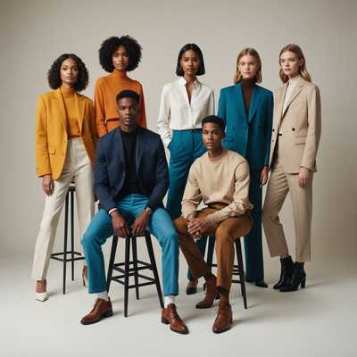 Das Bild zeigt eine Gruppe von vielseitigen Modellen, die zusammen in einem gut beleuchteten Studio posieren. Sie tragen stilvolle, zeitgemäße Kleidung, möglicherweise von einer Modemarke. Die Modelle sind in einer optisch ansprechenden Komposition angeordnet, wobei einige stehen und andere auf Hockern oder dem Boden sitzen. Der Hintergrund ist neutral, sodass die farbenfrohe Kleidung und die einzigartigen Merkmale der Modelle hervorstechen. Die Beleuchtung ist weich und gleichmäßig und betont die Texturen und Stoffe der Kleidung, während sie minimale Schatten auf die Gesichter der Modelle wirft. Alle Personen interagieren mit der Kamera und strahlen Selbstbewusstsein und Eleganz aus.