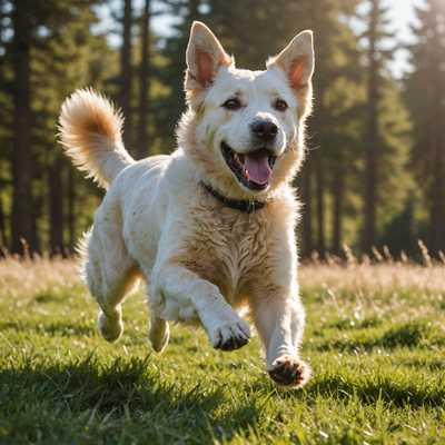 Ein dynamisches Foto, das einen spielenden Hund in der Bewegung einfängt, während er durch ein grasbewachsenes Feld läuft. Der Hund, dessen glänzendes Fell im Sonnenlicht leuchtet, wirkt freudig und energiegeladen, seine Zunge hängt heraus und seine Ohren flattern im Wind. Der Hintergrund zeigt einen weich fokussierten Blick auf Bäume und einen klaren Himmel, was die lebhafte Aktion des Hundes im Vordergrund betont. Das Bild strahlt ein Gefühl von Freiheit und Überschwang aus, wobei das natürliche Licht die lebhaften Farben und Details der Szene verstärkt.