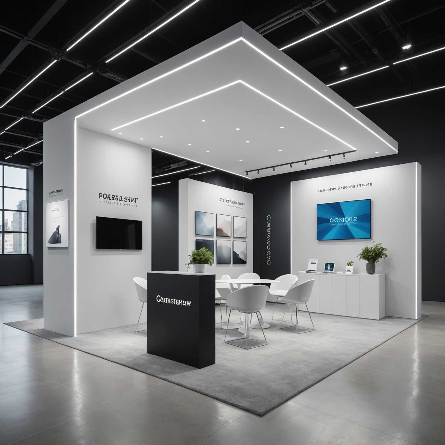 Das Bild zeigt einen eleganten, modernen Ausstellungsstand, der von einem geräumigen, gut beleuchteten Raum umgeben ist. Der Stand verfügt über klare Linien und ein minimalistisches Design mit großen Tafeln, die hochwertige Bilder und Texte anzeigen. Die Hauptfarben sind Weiß und Hellgrau, was dem Stand ein professionelles und gepflegtes Aussehen verleiht. Mehrere Spotlights beleuchten die Anzeigebereiche und heben den Inhalt hervor. Der Boden ist mit einem hellen Teppich bedeckt, was die insgesamt saubere und moderne Ästhetik unterstreicht. Im Vordergrund sind einige Stühle und ein kleiner Tisch für Besucherinteraktionen aufgestellt. Im Hintergrund sind andere Messestände zu sehen, was darauf hindeutet, dass es sich um eine größere Ausstellung oder Messe handelt. Insgesamt versprüht der Stand ein Gefühl von Innovation und Raffinesse.