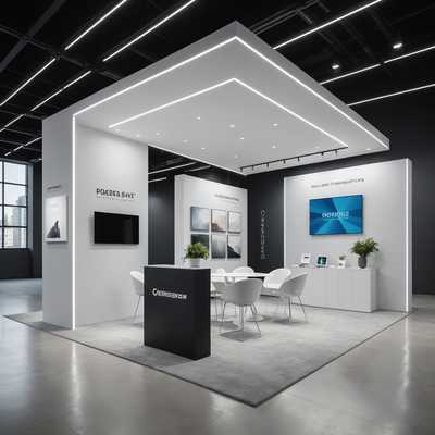 Das Bild zeigt einen eleganten, modernen Ausstellungsstand, der von einem geräumigen, gut beleuchteten Raum umgeben ist. Der Stand verfügt über klare Linien und ein minimalistisches Design mit großen Tafeln, die hochwertige Bilder und Texte anzeigen. Die Hauptfarben sind Weiß und Hellgrau, was dem Stand ein professionelles und gepflegtes Aussehen verleiht. Mehrere Spotlights beleuchten die Anzeigebereiche und heben den Inhalt hervor. Der Boden ist mit einem hellen Teppich bedeckt, was die insgesamt saubere und moderne Ästhetik unterstreicht. Im Vordergrund sind einige Stühle und ein kleiner Tisch für Besucherinteraktionen aufgestellt. Im Hintergrund sind andere Messestände zu sehen, was darauf hindeutet, dass es sich um eine größere Ausstellung oder Messe handelt. Insgesamt versprüht der Stand ein Gefühl von Innovation und Raffinesse.