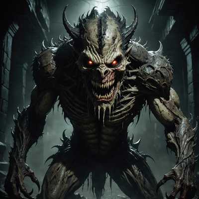 Das Bild zeigt ein bedrohliches, groteskes Monster, das aus den Schatten in einer dunklen, unheimlichen Umgebung hervortritt. Die Kreatur hat blasse, verfallende Haut mit freiliegenden Muskel- und Sehnenpartien. Ihre Augen sind hohl und unheilvoll und strahlen ein gespenstisches Leuchten aus. Der Mund des Monsters ist weit aufgerissen und enthüllt scharfe, gezackte Zähne, die mit einer unbekannten Substanz tropfen. Lange, knöcherne Finger mit rasiermesserscharfen Krallen strecken sich dem Betrachter entgegen. Der Hintergrund ist eine düstere, unklare Leere, die das Gefühl von Terror und Isolation verstärkt. Die gesamte Atmosphäre ist eisig und von einem spürbaren Gefühl des Schreckens durchdrungen.