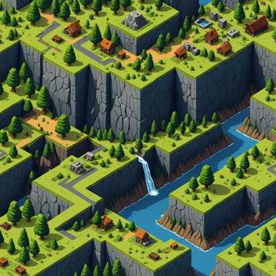 Ein einziges isometrisches Pixel-Art-Tileset mit Geländeelementen wie Hügeln, Klippen und Ebenen.