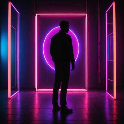 Eine silhouettierte Figur steht vor einem fesselnden Neon-Hintergrund. Die lebhaften Farben verschmelzen nahtlos und erzeugen eine Aura von Geheimnis und Intrige. Die Person scheint in einer nachdenklichen Pose zu sein, wobei helle Neonlichter ihre Kontur beleuchten. Schatten spielen über die Szene und verstärken das moderne, künstlerische Gefühl des Bildes.
