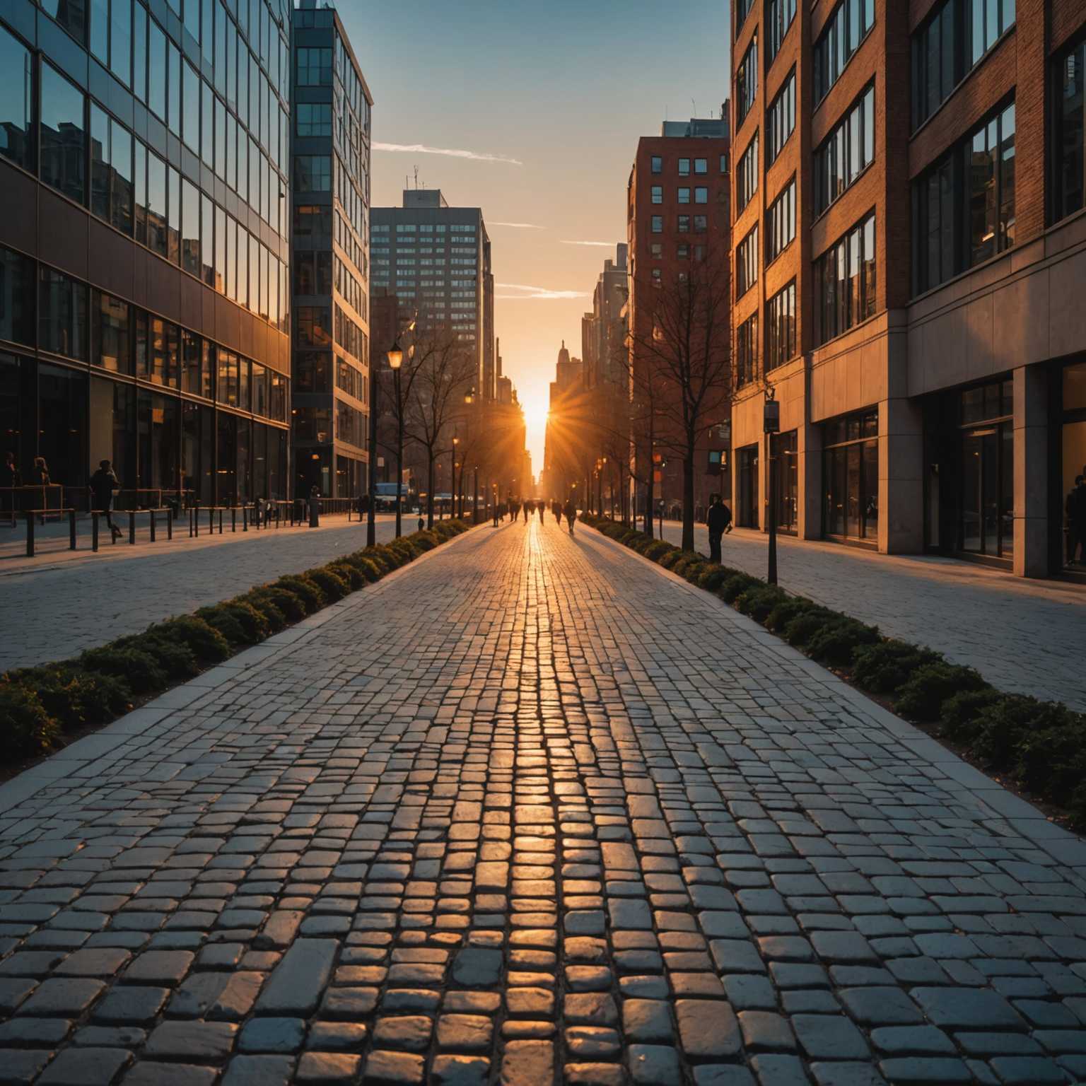 Das Bild zeigt eine dynamische städtische Umgebung bei Sonnenuntergang. Im Vordergrund befindet sich ein breiter Kopfsteinpflasterweg, der eine führende Linienperspektive zum Horizont schafft. Auf beiden Seiten des Weges fangen hohe Gebäude mit reflektierenden Glasflächen das warme, goldene Licht der untergehenden Sonne ein. Fußgänger sind zu sehen, die entlang des Weges gehen und lange, langgezogene Schatten werfen. Der Himmel ist ein Farbverlauf von tiefem Orange in der Nähe des Horizonts bis zu einem sanften Blau nach oben hin. Straßenlampen säumen den Weg, und einige Bäume mit Herbstblättern bringen einen Hauch von Natur in die städtische Landschaft. Die Atmosphäre ist geschäftig und gleichzeitig ruhig, was die harmonische Kombination aus menschlicher Aktivität und architektonischer Pracht einfängt.