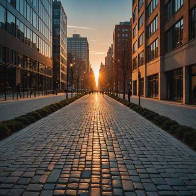 Das Bild zeigt eine dynamische städtische Umgebung bei Sonnenuntergang. Im Vordergrund befindet sich ein breiter Kopfsteinpflasterweg, der eine führende Linienperspektive zum Horizont schafft. Auf beiden Seiten des Weges fangen hohe Gebäude mit reflektierenden Glasflächen das warme, goldene Licht der untergehenden Sonne ein. Fußgänger sind zu sehen, die entlang des Weges gehen und lange, langgezogene Schatten werfen. Der Himmel ist ein Farbverlauf von tiefem Orange in der Nähe des Horizonts bis zu einem sanften Blau nach oben hin. Straßenlampen säumen den Weg, und einige Bäume mit Herbstblättern bringen einen Hauch von Natur in die städtische Landschaft. Die Atmosphäre ist geschäftig und gleichzeitig ruhig, was die harmonische Kombination aus menschlicher Aktivität und architektonischer Pracht einfängt.