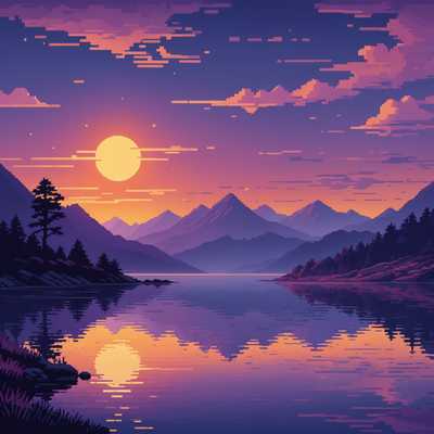 Das Bild zeigt eine ruhige Pixelkunstlandschaft mit einer Sonnenuntergangsszene. Der Himmel ist ein Verlauf warmer Farben, der sich von Orange zu Lila erstreckt, je näher er dem Horizont kommt. Silhouettierte Berge und Hügel säumen den unteren Rand des Bildes und zeigen mit verschiedenen Schattierungen von Dunkelblau und Lila Tiefe. Ein ruhiger Wasserkörper spiegelt die lebendigen Farben des Himmels wider. Vereinzelte Wolken verleihen der Szene eine subtile Textur, und kleine, einfache Bäume sind über die Landschaft verteilt, was zur ruhigen Atmosphäre beiträgt.