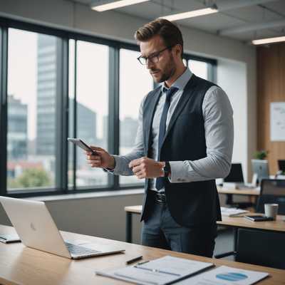 Ein professionelles Umfeld mit einer Person, die neben einem Schreibtisch in einem modernen Büro steht. Der Hintergrund zeigt große Fenster, die natürliches Licht hereinlassen. Die Person trägt formelle Kleidung, hält ein Tablet in der Hand und zeigt auf etwas auf dem Laptop-Bildschirm. Sie wirkt konzentriert und engagiert.