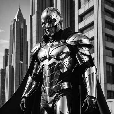 Eine dynamische Schwarz-Weiß-Fotografie, die eine stilisierte retrofuturistische Szene zeigt, in der Individuen als Superhelden und Schurken verkleidet sind. Die Vintage-Outfits erinnern an die 1950er Jahre Sci-Fi-Mode mit metallischen und Vinyl-Texturen, übertriebenen Schulterpolstern, Umhängen und Helmen. Die Charaktere nehmen dramatische und actionorientierte Posen ein und zeigen eine Mischung aus ikonischen Superhelden-Stellungen und schurkischen Ausdrücken. Der Hintergrund stellt eine urbane monolithische Struktur mit Art-Deco-Einflüssen dar, komplett mit Chrom-Verzierungen und großen geometrischen Formen, die die retrofuturistische Ästhetik widerspiegeln. Die Atmosphäre wird durch dramatisches Licht und tiefe Schatten verstärkt, was dem Bild eine filmische und zeitlose Qualität verleiht.