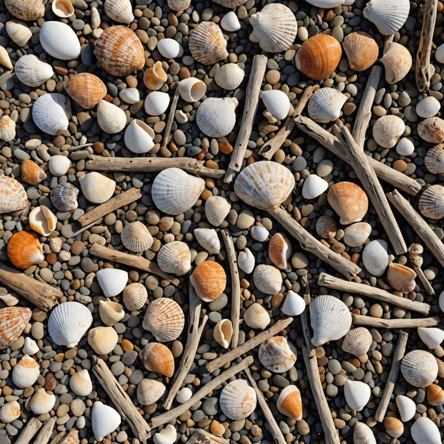Treibholz und Muscheln, die verstreut an einem Strand liegen.