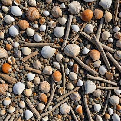 Treibholz und Muscheln, die verstreut an einem Strand liegen.