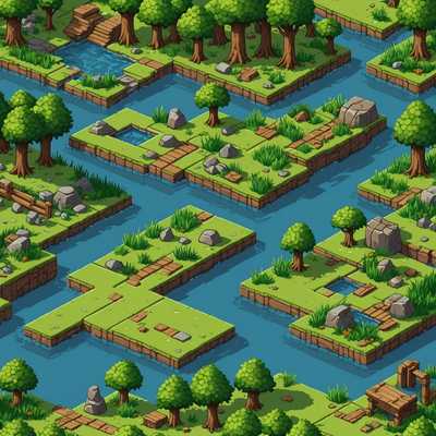 Die Abbildung zeigt verschiedene Tilesets, die für 2D-Spiele entworfen wurden, im Pixelart-Stil. Sie umfasst verschiedene Texturen und Illustrationen wie grasbewachsene Terrains, Steinwege, Wasserflächen, Holzplanken und andere Umgebungselemente. Es gibt auch verschiedene Objekte wie Bäume, Felsen, Büsche und dekorative Elemente, die zum Aufbau von Spielumgebungen verwendet werden können. Die Tiles sind in einem Rasterformat angeordnet und zeigen eine Vielzahl von Themen und Stilen, die miteinander kombiniert werden können, um einzigartige Spielebenen zu erstellen.